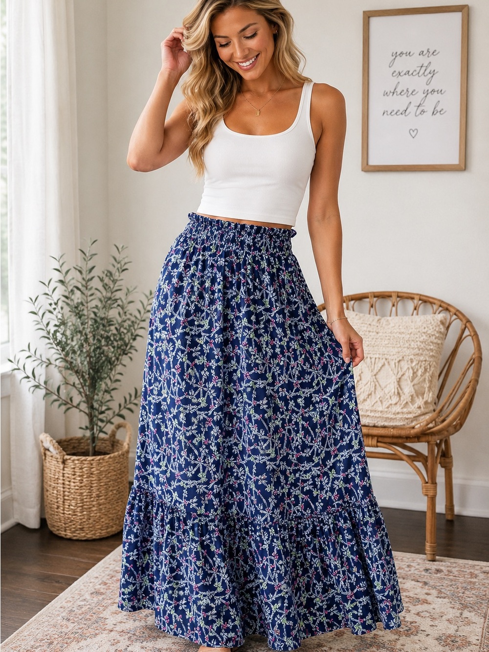 Simply Southern Ophelia Maxi Skirt NWT XS Blue Floral Tiered 100% Cotton Cottage